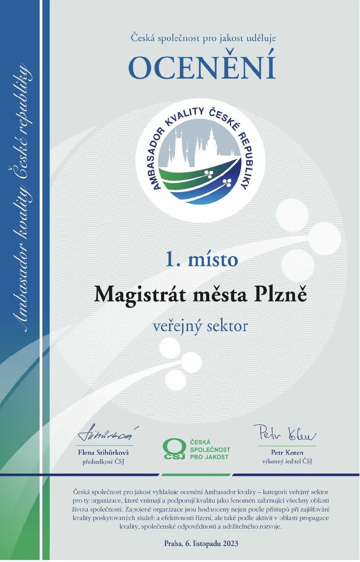 Magistrát města Plzně je ambasadorem kvality. Foto: MMP