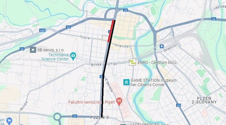 Opravovaný úsek vozovky na Klatovské 240626_Klatovska_Sukova_Sady_Petatricatniku