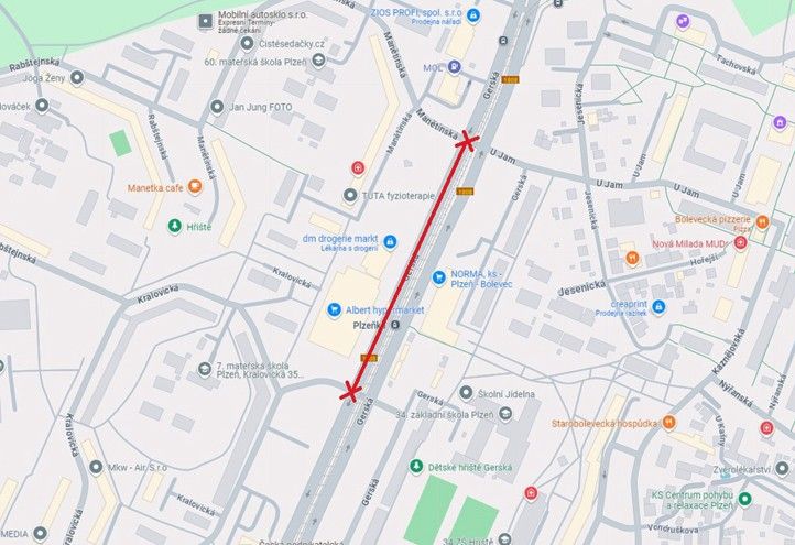 Ilustrační zákres v mapě 240927_Gerska_uzavirka