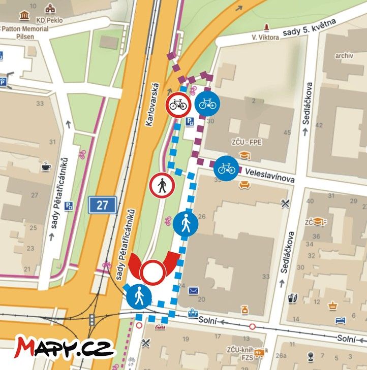 Mapa uzavírky výjezdu z Veleslavínovy ul. ve směru na Lochotín u hlavní pošty 250307_Vyjezd_Veleslavinka_Klatovska_Posta_mapa