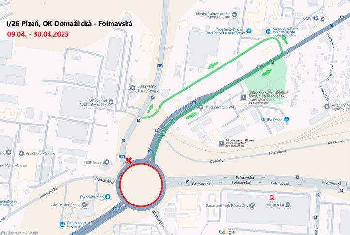 Schéma uzavírky 09.04.-30.04.2025 (všechna schémata a dopravně-inženýrská opatření jsou přílohách článku) 250408_KO_Makro_Regensburska_Schema_0904_3004