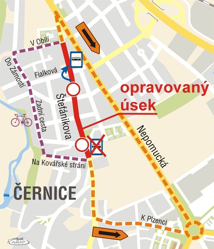 Mapa opravovaného úseku (zdroj: Správa veřejného statku města Plzně) 250528_Stefanikova_Mapa