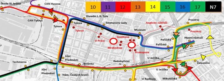 Celková mapa všech omezení na linkách 260716_Americka_Celkova_mapa_omezeni_linek